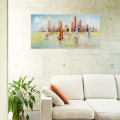 Tableau Peint à La Main 'Voile à L'Horizon' 120x60cm | Avec Certificat D'authenticité -Magasin De Rénovation Domiciliaire kl00228 segelschiff skyline segelboot segeln new york modern acryl gemaelde oel bild oelgemaelde 04