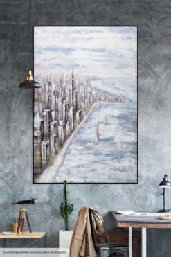 XXL Tableaux à L'huile 'Coastlined' | Pièce Unique Peinte à La Main 120x180cm -Magasin De Rénovation Domiciliaire kl01623 stadt kueste meer grau modern acryl gemaelde oel bild 0001 08