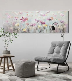 Tableau Peint à La Main 'Rêve Floral' 150x50cm | Avec Certificat D'authenticité -Magasin De Rénovation Domiciliaire kl03717 wiese blumen rosa gelb acryl gemaelde acryl bilder leinwandbilder moderne kunst 05