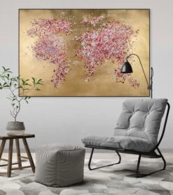 Tableau Peint à La Main 'Blossoming World' 120x80cm | Avec Certificat D'authenticité -Magasin De Rénovation Domiciliaire kl07011 weltkarte rosa gold acryl gemaelde acryl bilder leinwandbilder moderne kunst 05