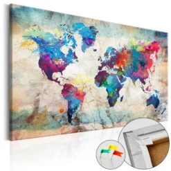 Tableau En Liège 'World Map: Colourful Madness'